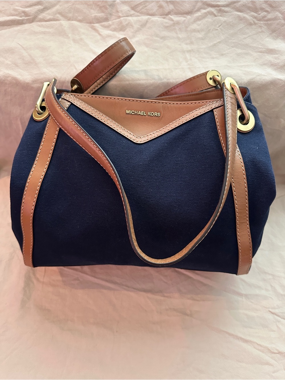 Michael Kors Navy Canvas Shoulder Bag with Brown Leather Trim